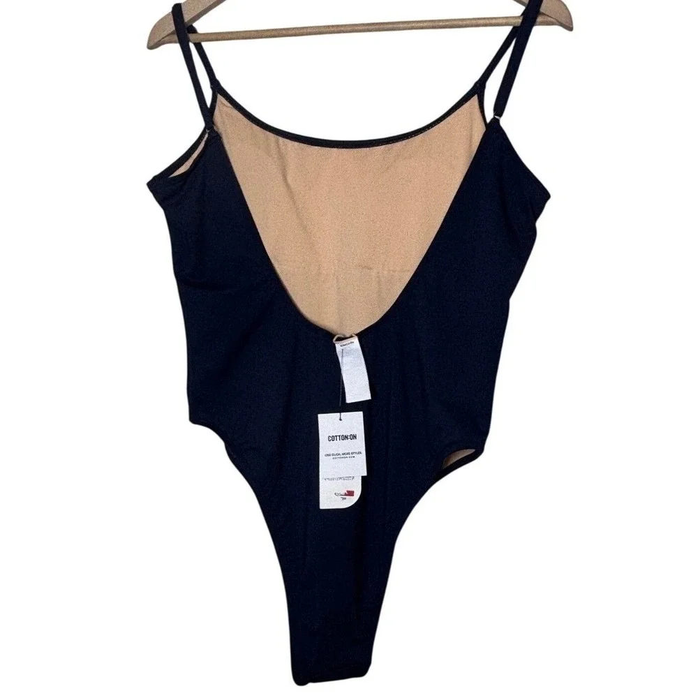 Cotton On Body‎ Navy Blue One Piece Swimsuit High Cut Deep Scoop Back NWT Large